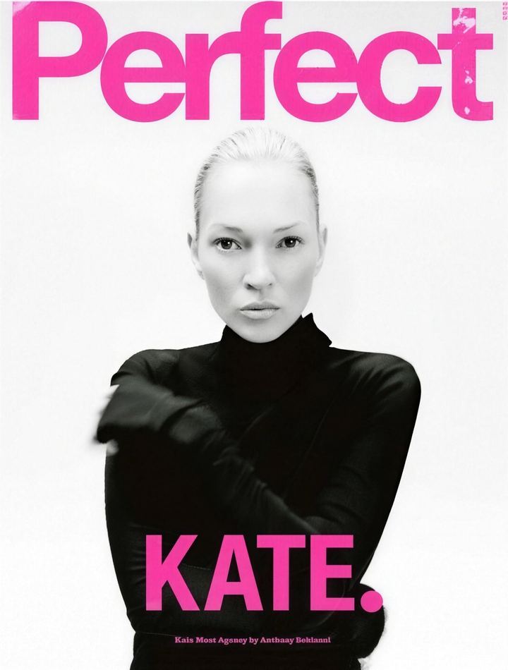 Perfect magazine cover: Kate Moss in a black turtleneck, black and white portrait by Anthony Seklaoui under the pink Perfect masthead
